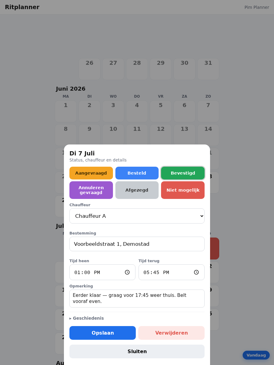 Planner-weergave: ritten in kleurgecodeerde statussen, met toegewezen chauffeurs.