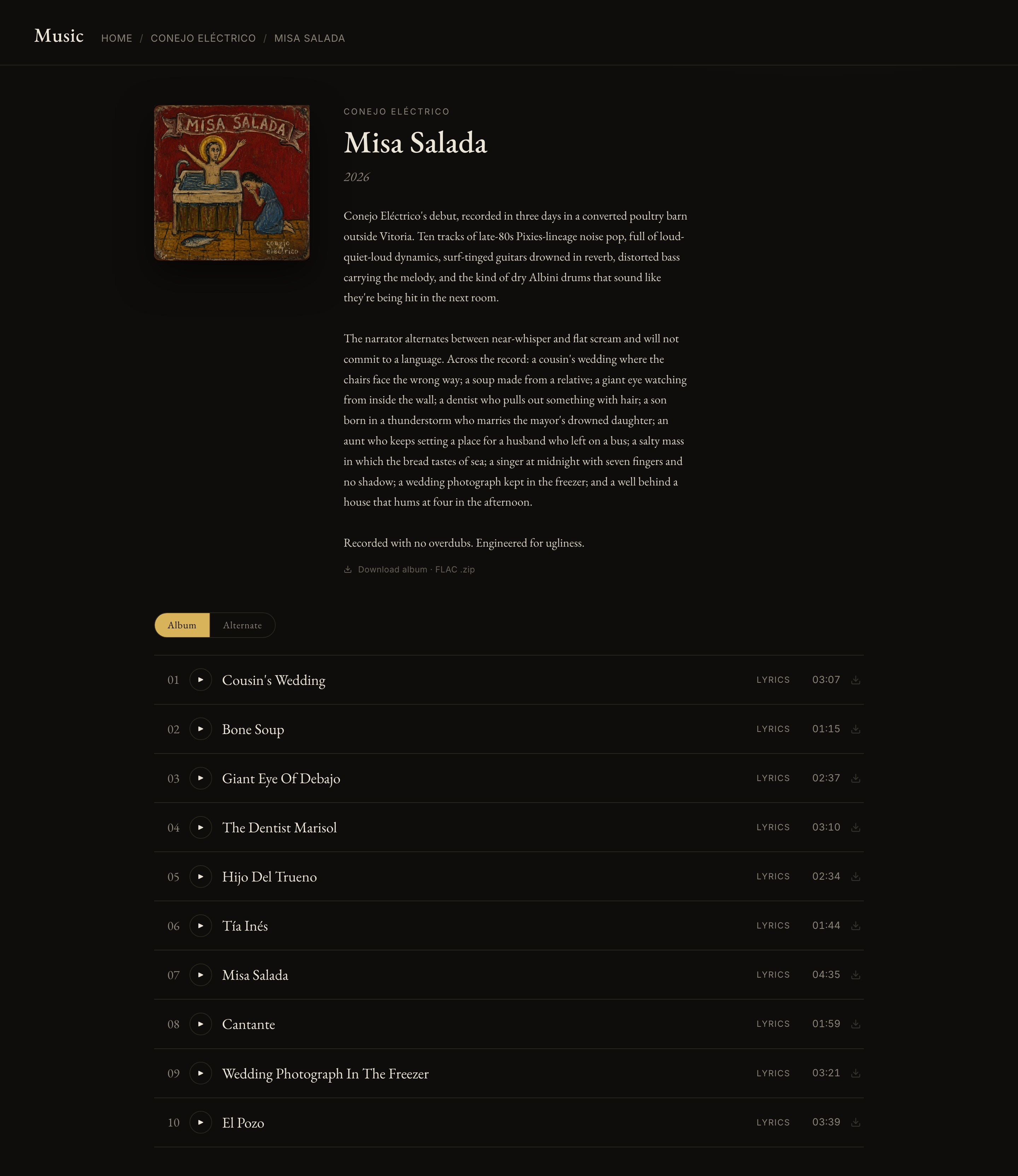 Album-pagina in de eigen player: cover-art, albumtekst en tracklist met Album/Alternate/Natural-takes.